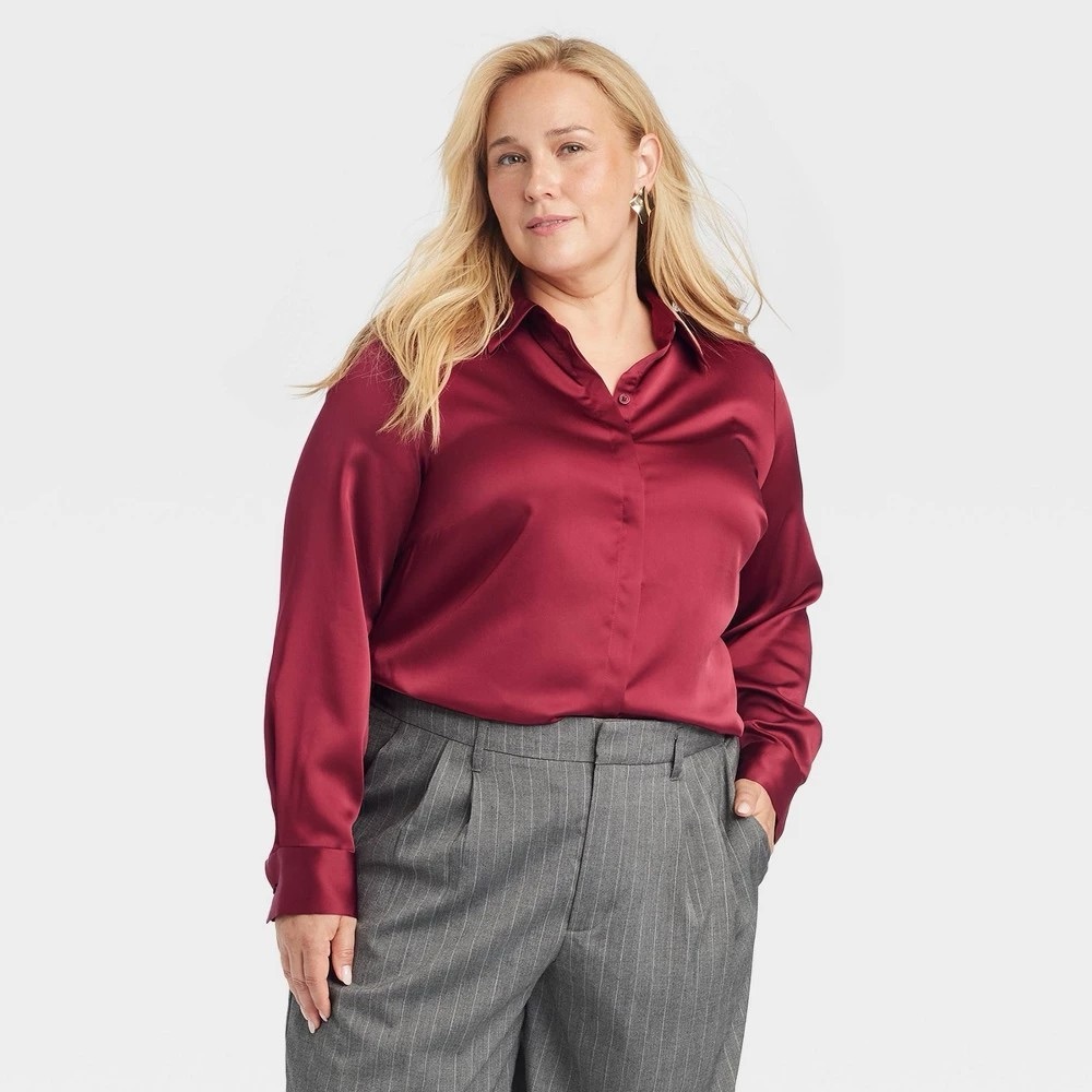 a new day Satin Button-Down Shirt in Burgundy
